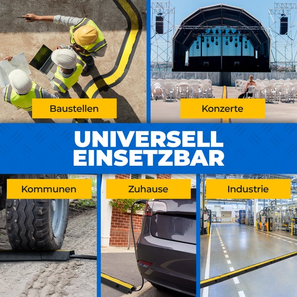 3 Kanal Kabelbrücke mit Deckel überfahrbar Stolperschutz Rampe Brücke Protektor | 15 t Tragkraft | Gummi