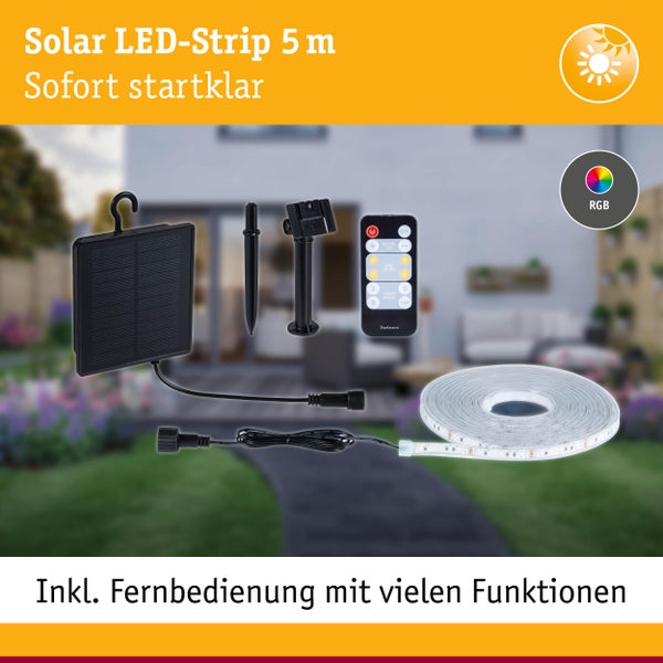 Solar LED Streifen fünf Meter mit Solarpanel, Erdspieß, Fernbedienung und RGB Farbsymbol
