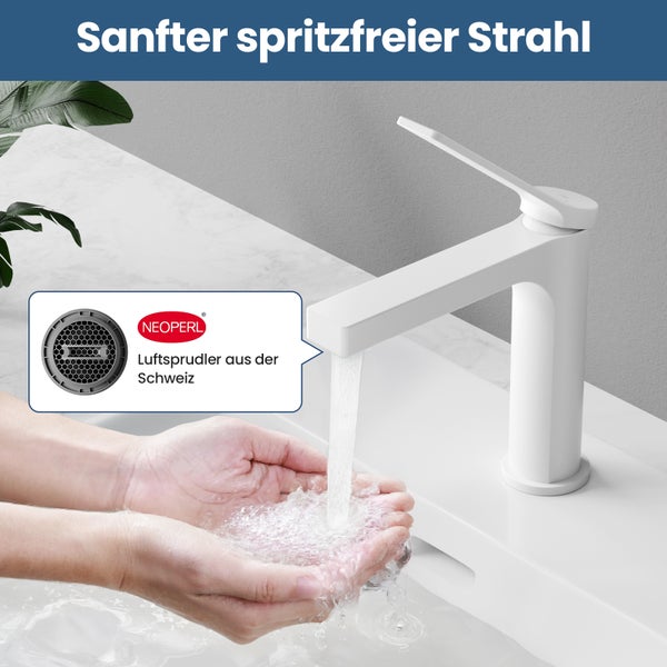 EMKE Einhebel-Waschtischarmatur, Badarmaturen, Schweizer Design, G3/8， Wassersparend, Bleifreies Messing, Korrosionsschutz, Pflegeleicht, Weiß matt