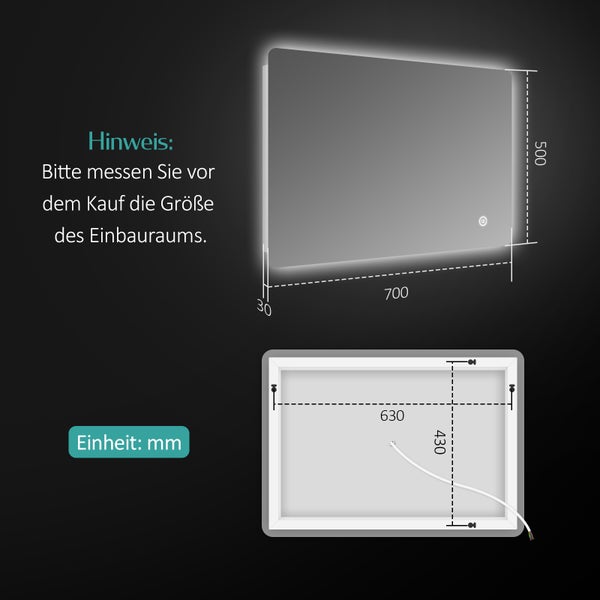 EMKE Badspiegel mit Beleuchtung 70 x 50 cm, Kaltweiß, Rückbeleuchtung, dimmbare Helligkeit, Touch-Schalter, horizontal/vertikal montierbar, IP44, für Bad
