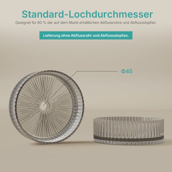 Ablaufgarnitur mit Standard-Lochdurchmesser von 45 Millimetern, passend für 80 Prozent der handelsüblichen Abflussrohre und Abflussstopfen.
