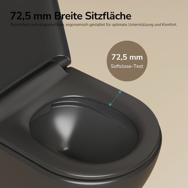 Detailansicht eines schwarzen WC Sitzes mit einer Sitzflächenbreite von 72,5 mm und Softclose Funktion