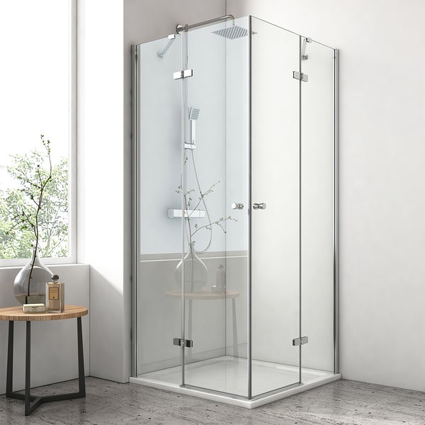 EMKE Eckdusche Duschkabine 75x90 cm, Eckeinstieg mit 5 mm ESG Glas beidseitiger Nano-Beschichtung, nach außen öffnend, Duschabtrennung mit Rundgriff, für Bad, Höhe 185 cm
