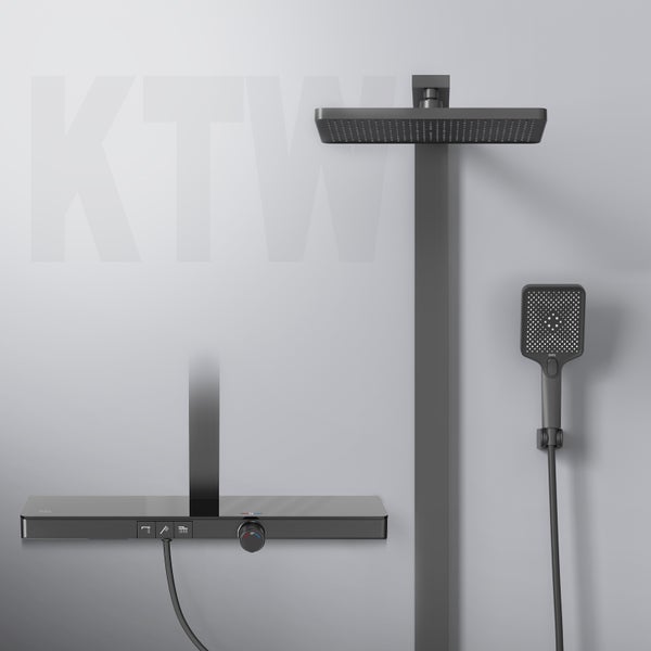 EMKE Duschsystem mit Thermostat, Duscharmatur Komplettset, 36 cm eckige Regendusche, 3 Wasserauslässe, Handbrause mit 3 Strahlarten, KTW-zertifiziert, 71 cm Ablagearmatur, 1,5 m Brauseschlauch, Matt Schwarz