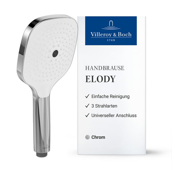 Handbrause Elody von Villeroy and Boch mit drei Strahlarten und Produktverpackung