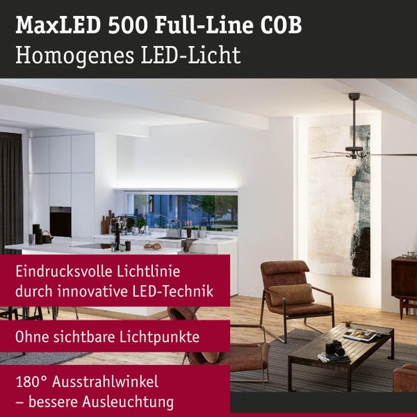 Wohnzimmer mit moderner Einrichtung und MaxLED 500 Full-Line COB LED-Beleuchtung für homogenes Licht.