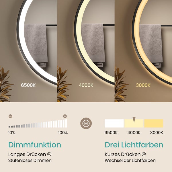 EMKE Badspiegel mit Beleuchtung LED-Spiegel mit Touchschalter ф60cm,  rund, Anti-Beschlag, 3 dimmbare Lichtfarben