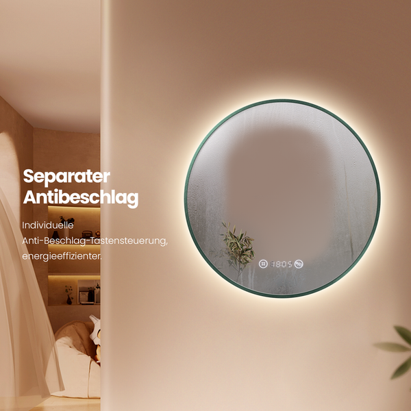 EMKE Badspiegel mit Beleuchtung, runder LED-Spiegel mit Touchschalter und Uhr, Badspiegel mit grünen Rahmen, ф80cm, Neutralweiß