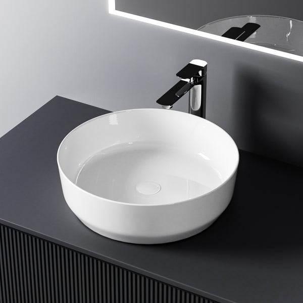 EMKE Aufsatzwaschbecken Ø39 cm, Rund, Keramik, Glänzend Weiß, Ohne Armaturbohrung, Pflegeleicht & Feuchtigkeitsbeständig, Design Waschbecken für Bad, Höhe 12 cm