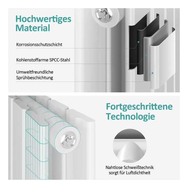 Detailaufnahme eines Heizkörpers mit Darstellung der Materialschichten und Schweißtechnik.