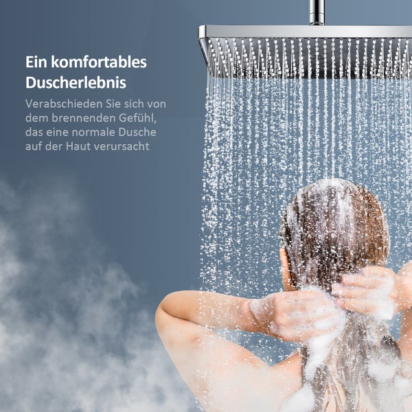 EMKE Duschsystem mit Thermostat, Wasserfall-Überkopfbrause, Handbrause 3 Strahlarten, Glasablage, 38 °C, KTW-zertifiziert, 1142×303×460 mm, Chrom