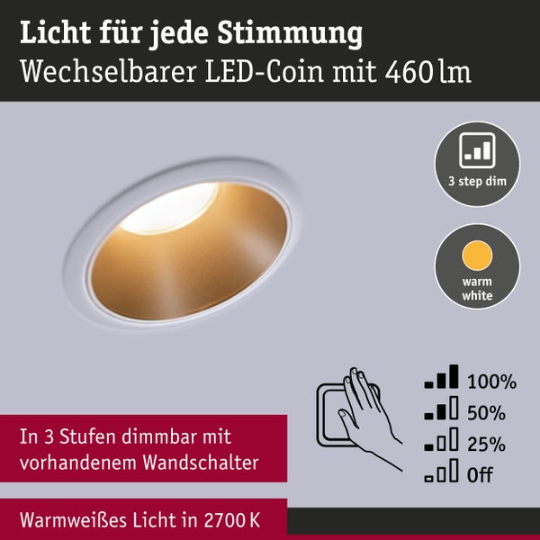 LED Einbauleuchte 3-Step-Dim Cole Coin 6er-Set IP44 rund 88mm Coin 6x6W 6x460lm 230V dimmbar 2700K Weiß, Gold matt