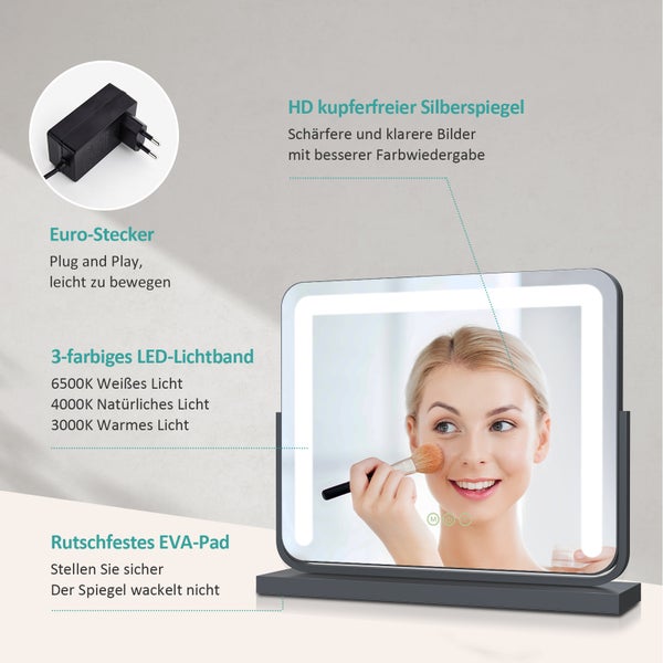 EMKE LED-Kosmetikspiegel, Standmodell mit Touchschalter und Speicherfunktion, dimmbarertischspiegel 500x416mm, Schminktisch-Spiegel 360° drehbar, mit 3 Lichtfarben, netzbetrieben, Schwarz