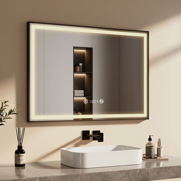 EMKE LED Badspiegel 100x70 cm mit Uhranzeige, 4300K Neutralweiß, Frontbeleuchtung, Touch-Schalter, Antibeschlag, Memory-Funktion, schwarzer Metallrahmen, IP44, für Badezimmer