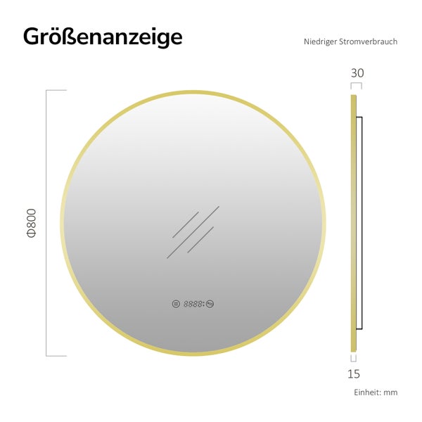 Maßzeichnung eines runden Badspiegels mit Goldrahmen, Durchmesser 800 Millimeter, LED-Beleuchtung, digitaler Anzeige und Tiefe von 30 Millimeter.