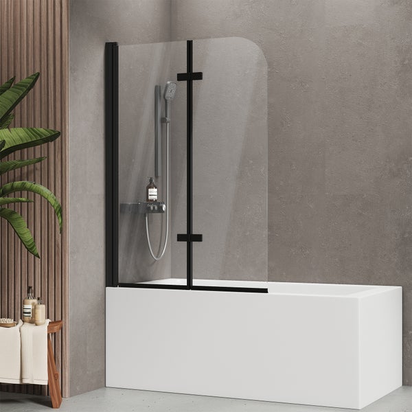 EMKE Badewannenaufsatz 2-teilig 100 x 140 cm Schwarz – Faltbare Duschwand aus 6 mm ESG-Sicherheitsglas mit NANO-Beschichtung, beidseitig montierbar