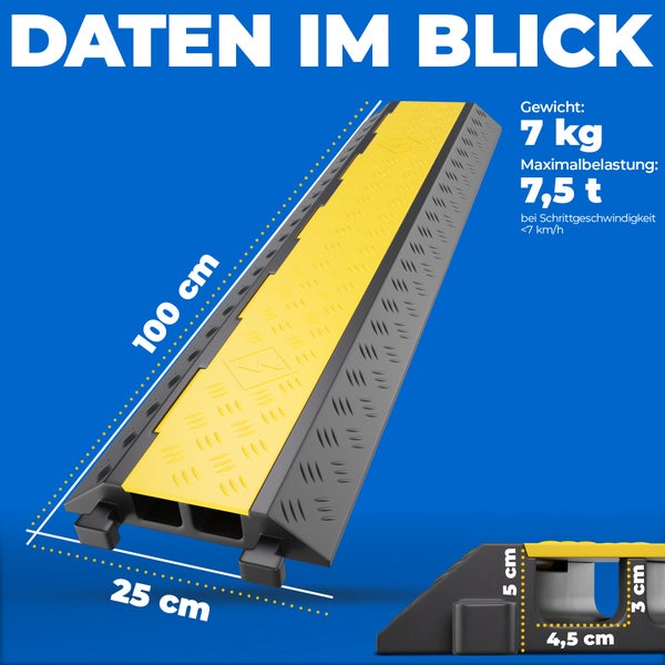 2 Kanal Kabelbrücke mit Deckel überfahrbar Stolperschutz Rampe Brücke Protektor | 7,5 t Tragkraft | Gummi