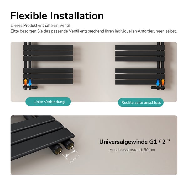Heizkörper zur flexiblen Installation mit Universalanschlussgewinde G1/2 Zoll und 50mm Anschlussabstand