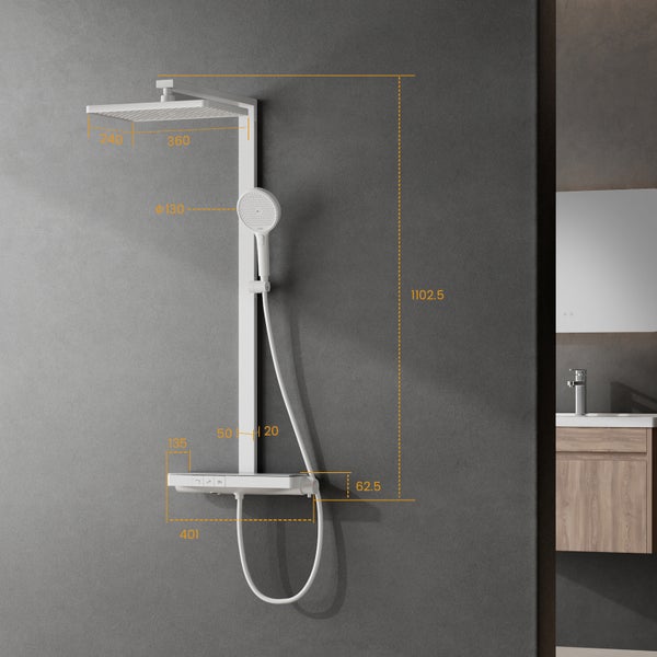 EMKE Duschsystem mit Thermostat, Mattweiß, Duscharmatur-Komplettset, 3-Strahlarten-Duschkopf, Temperatur-LED-Display, Chlorfilter, mit 40 cm Ablagearmatur, für Badezimmer