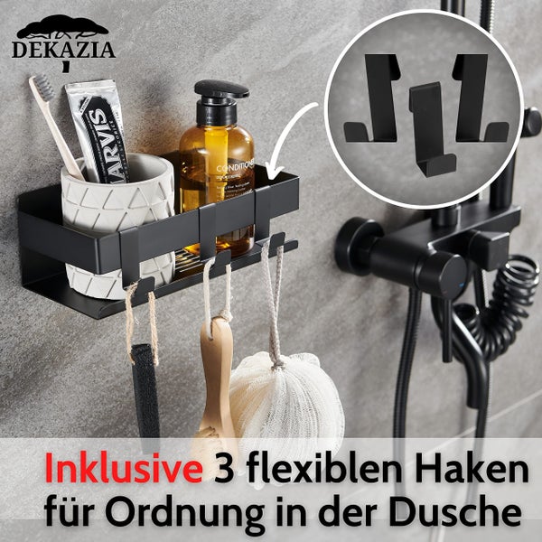 Duschablage aus Metall zur Wandmontage inklusive drei flexiblen Haken für Badezimmerutensilien und Dekazia Logo.