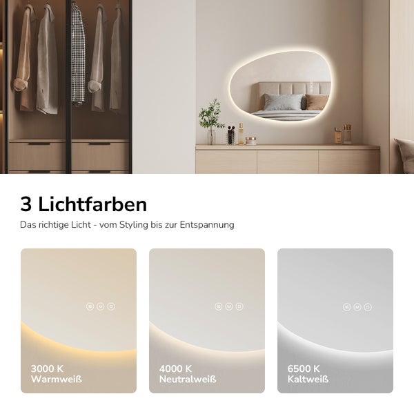 Organischer LED Wandspiegel mit einstellbarer Lichtfarbe für Schlafzimmer und Ankleide mit drei Farbtemperaturen von warmweiß bis kaltweiß.