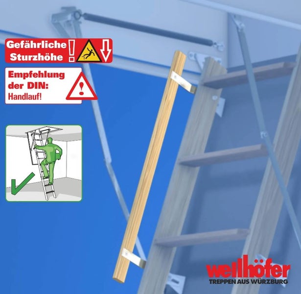 Hinweis zur gefährlichen Sturzhöhe und Empfehlung zum Handlauf gemäß DIN Norm.