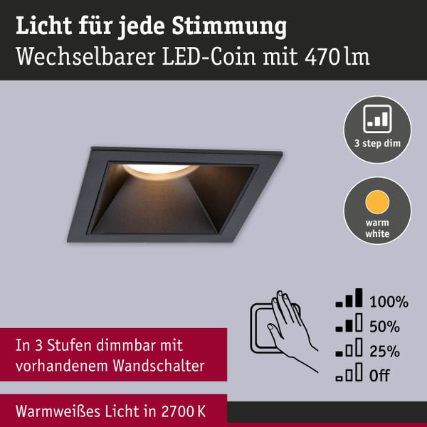 LED Einbauleuchte 3-Step-Dim Cole Coin 1er-Set IP44 eckig 88x88mm Coin 6W 470lm 230V dimmbar 2700K Schwarz
