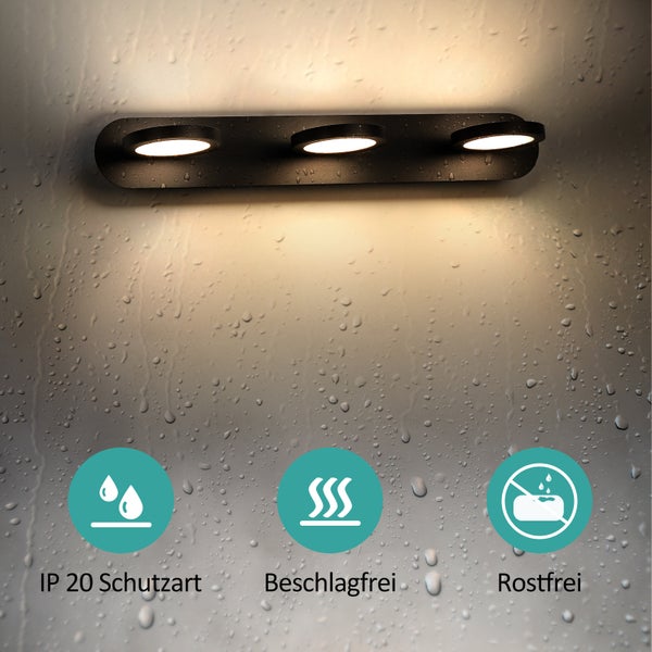 Drei-Flammen-Badleuchte mit IP 20 Schutzart, beschlagfrei und rostfrei