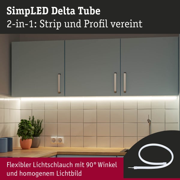 Küchenszene mit SimpLED Delta Tube Lichtschlauch unter Hängeschränken