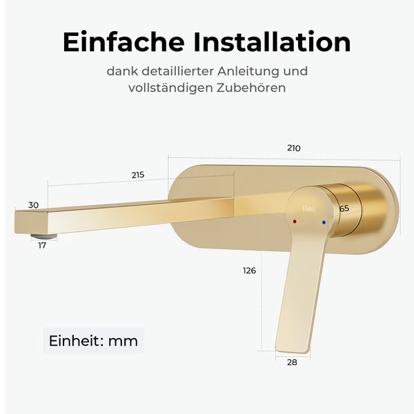 EMKE Unterputz Waschtischarmatur, 2-Loch Wandmontage mit Luftsprudler, Einhebelmischer für Waschbecken und Badewanne, L 215 x H 210 x Ø 17 mm, Champagnergold