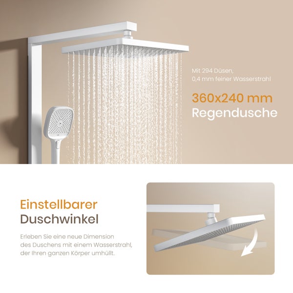 EMKE Duschsystem mit Thermostat, LED-Temperaturanzeige, Regendusche 36 x 24 cm, 4 Strahlarten, höhenverstellbare Brausestange, Weiß Matt