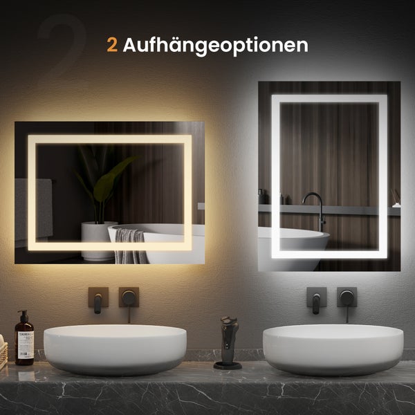 EMKE Badspiegel mit Beleuchtung 60x40 cm, Kaltweiß/Warmweiß, LED-Spiegel mit Kippschalter, Anti-Beschlag, IP44, flexibel montierbar, für Badezimmer