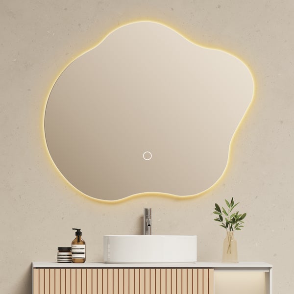 EMKE LED Badspiegel 50 x 60 cm, asymmetrisches Design, Hintergrundbeleuchtung, 3 Farbtemperaturen, dimmbar, Anti-Beschlag, rostfreier Spiegel, flexibel montierbar, IP44, für Badezimmer & Schlafzimmer geeignet