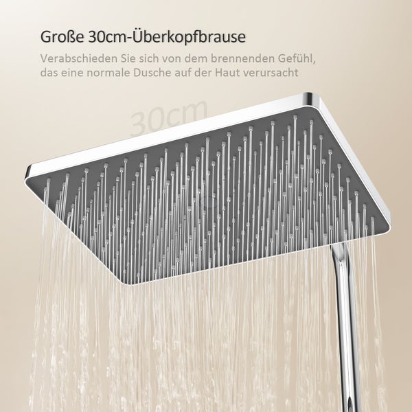 EMKE Duschsystem mit Thermostat Glasablage Handbrause 3 Strahlarten Regendusche, Wasserauslass Verbrühungsschutz Wandmontage KTW-Zertifizierung, Chrom