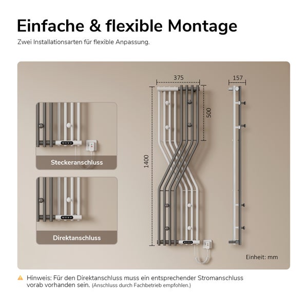 Technische Zeichnung eines Badheizkörpers mit Maßen und Darstellung der zwei Montagearten Steckeranschluss und Direktanschluss.