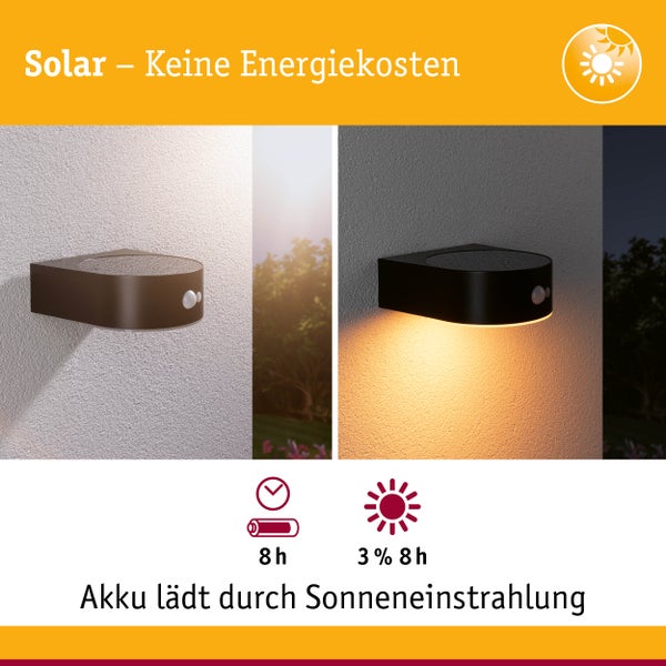 Solar LED Außenwandleuchte Eileen Bewegungsmelder insektenfreundlich IP44 2200K 300lm Schwarz