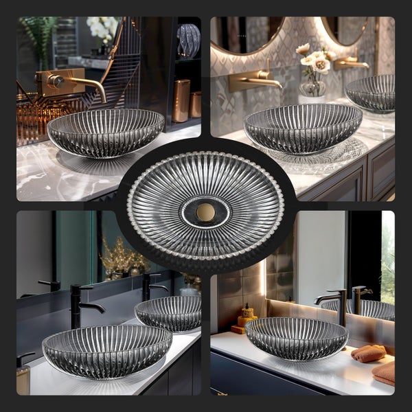 EMKE Aufsatzwaschbecken Tempered Lead Crystal Glass, 51 x 35 cm, Schwarz, Badezimmer Waschbecken mit Elektroplattiertem Design, Ohne Hahnloch, Für Badezimmer und WC, Höhe 15 cm