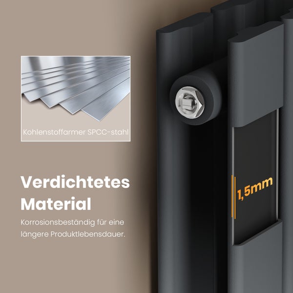 Detailansicht eines Heizkörpers mit einer Materialstärke von 1,5 Millimetern, gefertigt aus SPCC Stahl