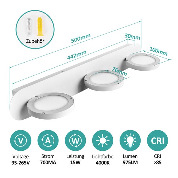 EMKE LED Spiegelbeleuchtung mit 3 LED-Lichtern, 500x75x130 mm, IP20, Mattweiß, 4000K, 15W, Hoher Farbwiedergabeindex >80Ra