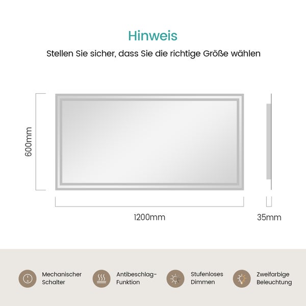EMKE LED Badspiegel mit Beleuchtung, 120 x 60 cm, Kaltweiß/Warmweiß, Kippschalter, Anti-Beschlag, 5mm Kupferfreies, Rostfreies Glas, Horizontal/Vertikal Montierbar