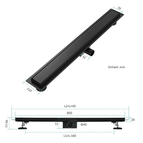 EMKE Duschrinne Edelstahl 2-in-1 Komplettse, 800mm, Befliesbar, Extra Flach, Schwarz mit Haarsieb und Siphon - Standardgröße Adapter 40/50mm, Einbauhöhe 77-96mm, Wasserdurchfluss 30L/Min.