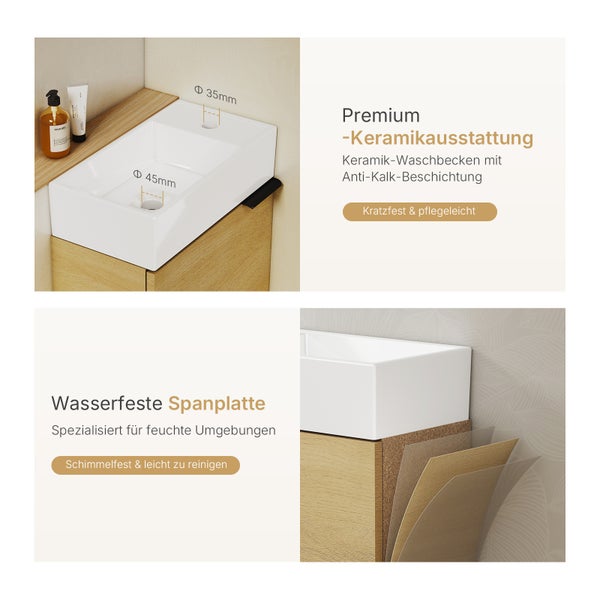 EMKE Waschbecken mit Unterschrank 417×240×646 mm, Badmöbel-Set mit Soft-Close, Türgriff, 2-fach verstellbarem Einlegeboden, Wandmontage, beidseitig montierbar, Eiche
