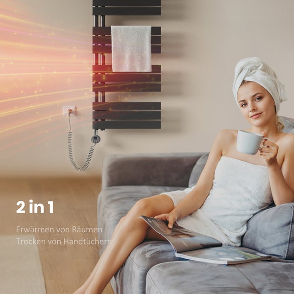 Szene mit einem elektrischen Handtuchwärmer, an der Wand montiert, mit Handtuch und einer Frau, die sich entspannt