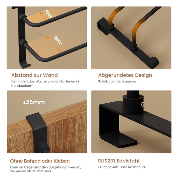 Detailansichten eines schwarzen Handtuchhalters mit den Maßen 55 Millimeter und 95 Millimeter, der ohne Bohren oder Kleben an bis zu 25 Millimeter dicken Gegenständen befestigt werden kann. Das abgerundete Design verhindert Verletzungen, während der Edelstahl SUS201 vor Feuchtigkeit und Rost schützt.