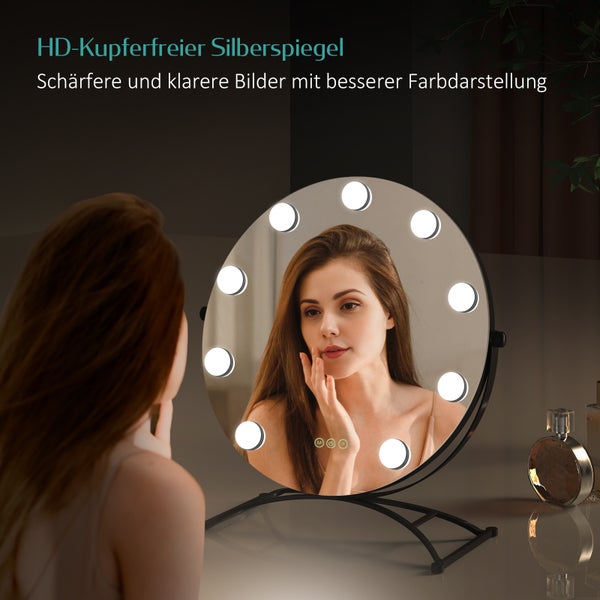 EMKE Hollywood Schminkspiegel Ø50 cm, LED-Tischspiegel mit 11 dimmbaren Leuchtmitteln, Touch-Funktion, 3 Lichtfarben, 7x Vergrößerung, Memory-Funktion, 360° drehbar, bohrfrei, Schwarz, für Schminktisch & Schlafzimmer