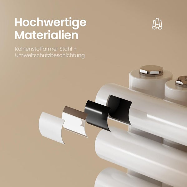 EMKE Badheizkörper mit Handtuchfunktion 1265×600 mm Rundrohr, Warmwasserheizung, Weiß, 776W, Stahl, Wandmontage, für Badezimmer geeignet