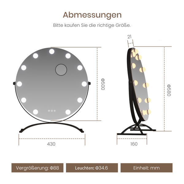 Abmessungen eines Kosmetikspiegels mit Beleuchtung