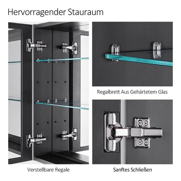 EMKE Spiegelschrank 75x65 cm, 2-türig, Schwarz, mit 3 Ablageflächen, kupferfreies & rostfreies Spiegelglas, Dämpfscharniere, großer Stauraum, für Badezimmer