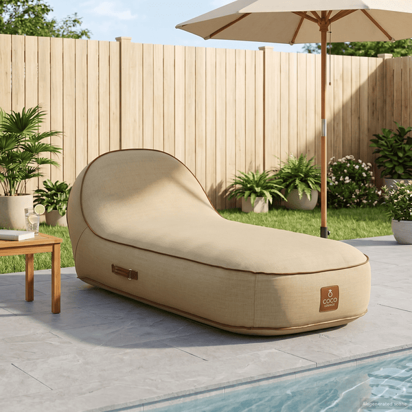 Outdoor-Liegematratze aus Stoff am Pool mit Beistelltisch, Sonnenschirm, Gartenpflanzen und Coco Lounge Logo.