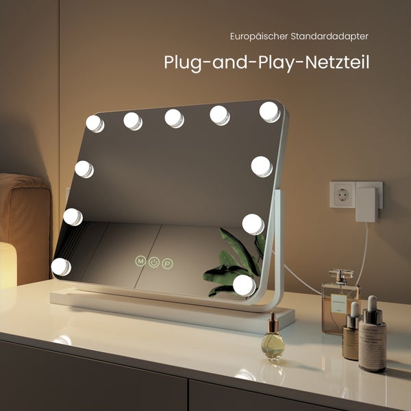 EMKE Hollywood Kosmetikspiegel mit Beleuchtung 600x516 mm, Tischspiegel mit Touchschalter, 14 dimmbare LEDs, 3 Lichtfarben, 7x Vergrößerung, Memory-Funktion, 360° drehbar, Weiß